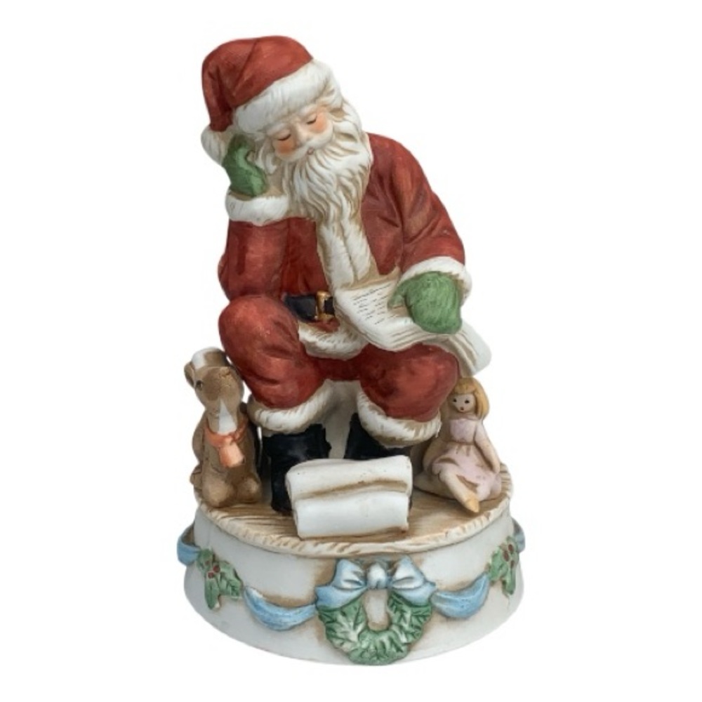 VTG Porcelain Rotating Music Box Figurine Santa With Bag‎ of Toys Plays Toy Land